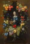 A garland of fruit and flowers surrounding a portrait of a lady in a blue dress, holding a guitar