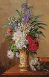 A Lavish Bouquet of Flowers with Peonies in a Vase with the Image of a Saint