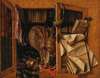 A trompe-l’oeil still life of a cupboard with books, gilded vessels, a hunting horn and drawings