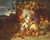 Grapes, peaches, a melon and other fruit on a stone frieze with a bird’s nest