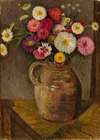 Asters and zinnias in a clay jug