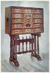 Vargueno cabinet of chestnut, ivory, etc., painted and gilt with wrought-iron and steel mounts