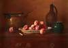 Still Life with Peaches, Brass Pot, Green Jug and Wine Bottle on Commode Top
