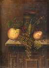 Still Life with Egyptian Vase, Apples and Grapes on a Marble Top Console