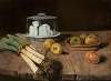 Still life with leeks, apples and cheese