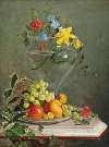 Holly, ivy, grapes, apples and oranges in a bowl by a vase of flowers including daffodils and phlox, on a marble ledge