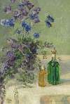 Still life with blue flowers and two bottles on a table