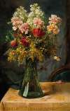 A Bouquet of Flowers with Tulips and Carnations in a Glass Vase with Butterfly