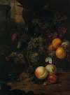 Fruit in a wicker basket, with a snail, a dragonfly and a mouse, on a rock, a landscape beyond