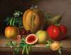 A Kitchen Still Life with Melon, Tomato, Apples, Pears and Flowering Pea Pods,