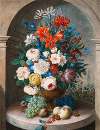 A flower still-life, in the manner of 17th century Netherlandish artists, Saint Stephen’s cathedral in the far distance