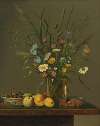 Flowers in a Glass Vase and an Arrangement of Fruit