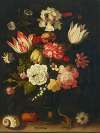 Tulips, carnations, roses and other flowers in a roemer with shells and a lizard on a ledge