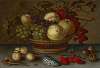 Apples and grapes in a basket, with fruit and shells on a stone ledge