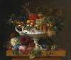A Classical Urn with Gooseberries, Apricots, Currents, Cherries, Peaches and Pineapple set on a Flower Covered Plinth