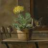 Still life with a primrose in a flowerpot, a cat and two sparrows