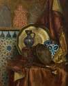 A Tambourine, Knife, Turkish Box, Turkish Jug, Moroccan Tile and Plate on a Satin Covered Table