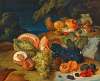 Still life with melons, grapes, peach and cherries