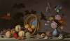 A still life with flowers in a porcelain vase, seashells and an overturned basket of fruit