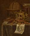 A skull atop a jewelled crown, an astrological globe, an hourglass, a book, a shell with soap bubbles and an engraved portrait of the Emperor Augustus on a draped table