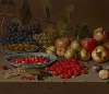 Plates of cherries and wild strawberries, with grapes, apples, pears, plums and other fruits on a stone ledge