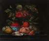 Wild strawberries in a Kraak porcelain bowl, with oranges, peaches, lemons, a bread roll and oysters on a stone ledge