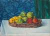Still Life; Basket with Fruit on a Table in front of a Curtain and Wallpaper