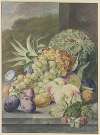 Fruchtstück, Melone, Ananas, Trauben, Pfirsiche, Pflaumen, Nüsse
