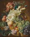 Still life with lilies, poppies, plums, melons and grapes on a ledge with insects
