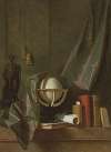 A globe, books and statuette on a ledge in an interior, veiled by a curtain