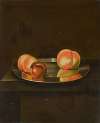 A still life with peaches and a plum on a pewter plate on a ledge