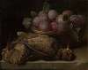 Still life with plums and two snipes on a stone table