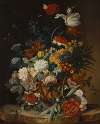 A still life with a bouquet of flowers on a marble ledge