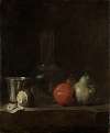 Still life with glass bottle and fruits