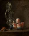 Still life with pewter jug ​​and peaches