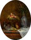 A still life with a hot chocolate pot, a basket of plums, a compote holding grapes and peaches, a plate of nuts, a squirrel and a Chinese vase
