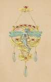 Ontwerp voor een hanger met een vrouw met libellenvleugels, van goud, robijnen, opalen en email