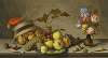 A parakeet on an upturned basket, with fruit, a pewter plate and shells on a stone ledge