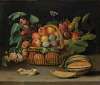 Still Life With Fruit In A Wicker Basket, With A Cut Melon