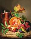 Still Life on a Marble Top with a Pumpkin, Grapes, a Peach and a Canary