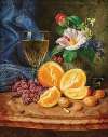 Still Life with Oranges, a Wine Glass and Camellias in a Vase