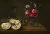 Oysters and vase of flowers on an entablature