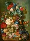 Bouquet of flowers and fruits on an entablature