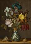 Irises, roses, fritillaries and forget-me-nots in a Wanli vase with two shells and a beetle on a ledge