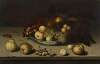 Grapes, apples, peaches and apricots in a Wan-li bowl, with quinces, a frog, a caterpillar, a fly and a beetle on a stone ledge