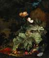 A forest floor still life with a bird’s nest, toadstools, snails, boysenberries, aurora, and common blue butterflies