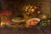 Basket of cherries, bowls of wild strawberries and hazelnuts, baskets of blueberries, pears and quinces