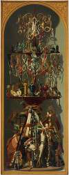 Still lifes depicting prosthetic arms, prosthetic legs, and medical instruments in a trompe l’oeil framed niche
