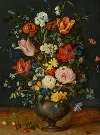 Roses, parrot tulips, narcissi, a lily, a delphinium, borage, moss roses, forget-me-nots, viola and other flowers in a pewter vase
