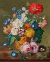 Roses and other flowers in a terracotta vase with a bird’s nest on a marble ledge